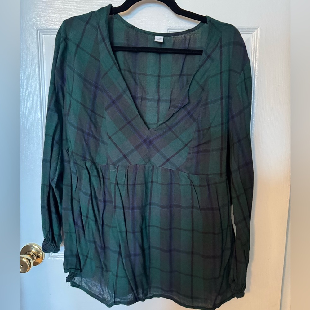 Green and navy plaid blouse
